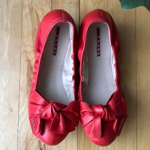 Prada Scrunch Red Leather Bow Ballerina Flats